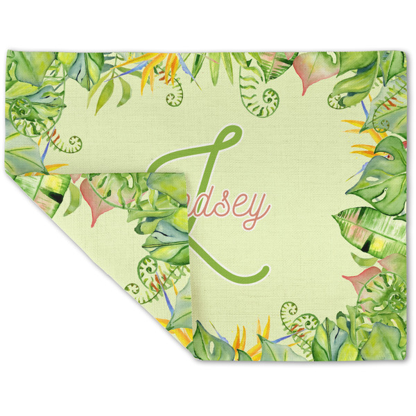 Custom Tropical Leaves Border Double-Sided Linen Placemat - Single w/ Name and Initial