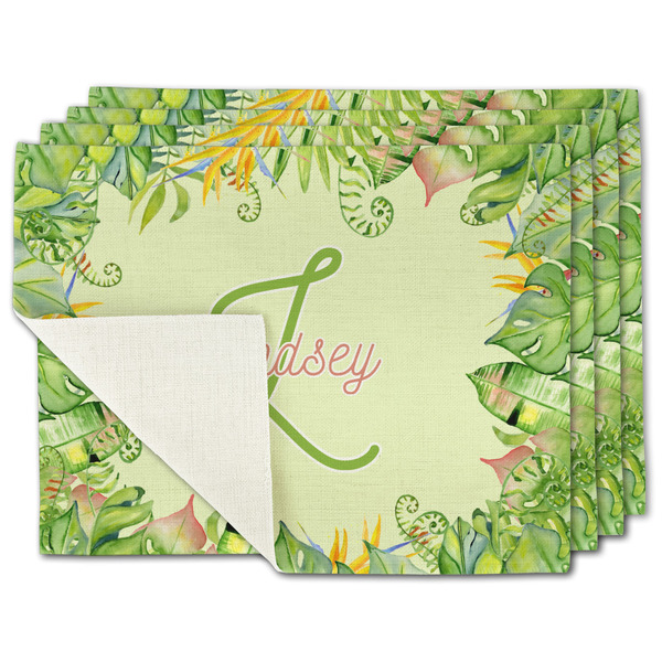Custom Tropical Leaves Border Single-Sided Linen Placemat - Set of 4 w/ Name and Initial