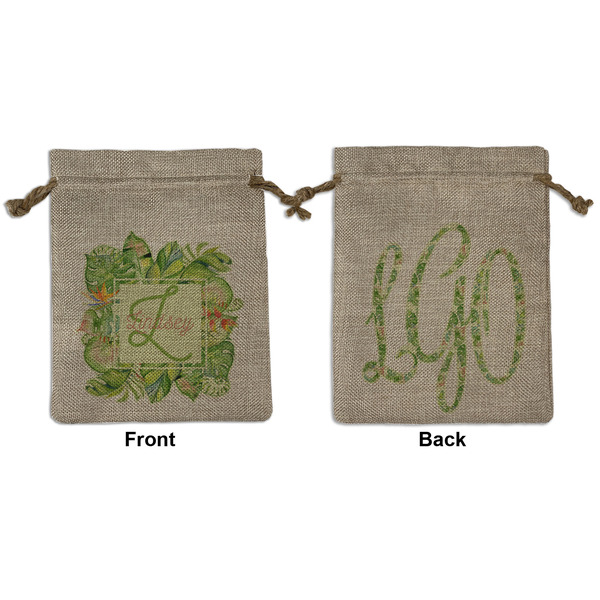 Custom Tropical Leaves Border Medium Burlap Gift Bag - Front & Back (Personalized)
