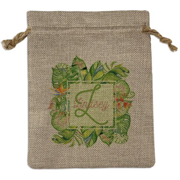 Custom Tropical Leaves Border Burlap Gift Bag (Personalized)