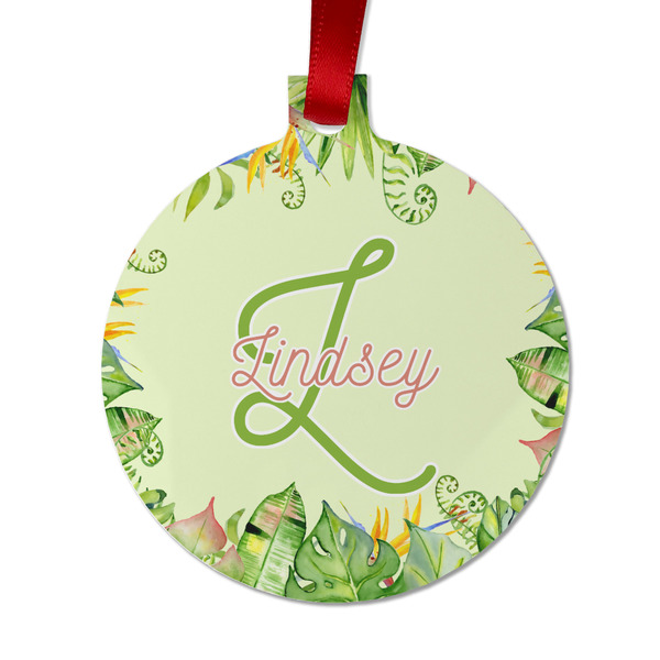 Custom Tropical Leaves Border Metal Ball Ornament - Double Sided w/ Name and Initial