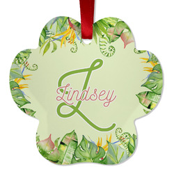 Tropical Leaves Border Metal Paw Ornament - Double Sided w/ Name and Initial