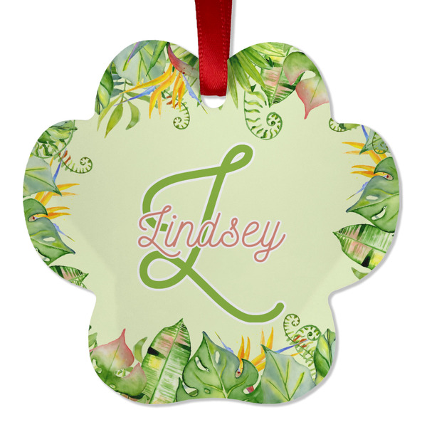 Custom Tropical Leaves Border Metal Paw Ornament - Double Sided w/ Name and Initial