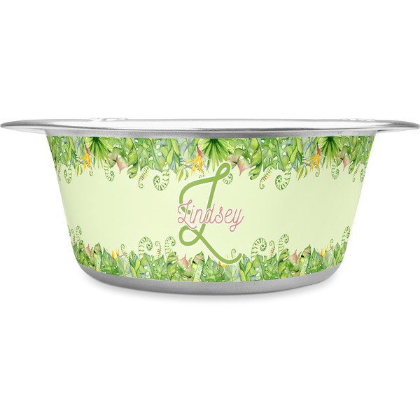 Custom Tropical Leaves Border Stainless Steel Dog Bowl - Large (Personalized)