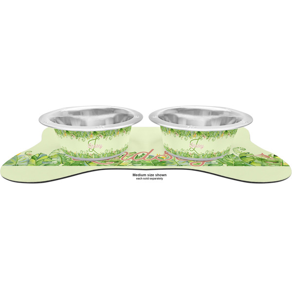 Tropical Leaves Border Metal Pet Bowls - On Dog Bone Shaped Mat