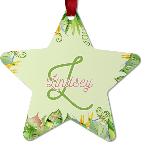Custom Tropical Leaves Border Metal Star Ornament - Double Sided w/ Name and Initial