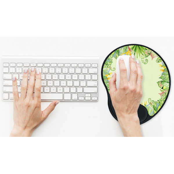 Tropical Leaves Border Mouse Pad with Wrist Rest - LIFESYTLE 2 (in use)