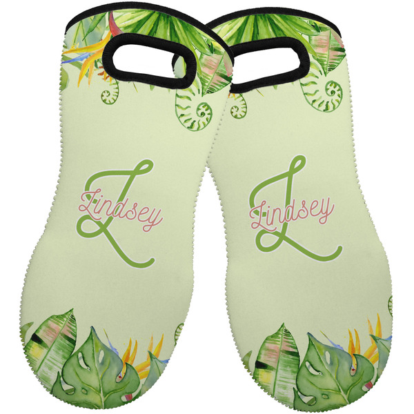 Tropical Leaves Border Neoprene Oven Mitt -Set of 2 - Front