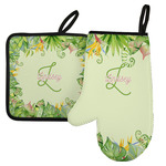 Tropical Leaves Border Left Oven Mitt & Pot Holder Set w/ Name and Initial
