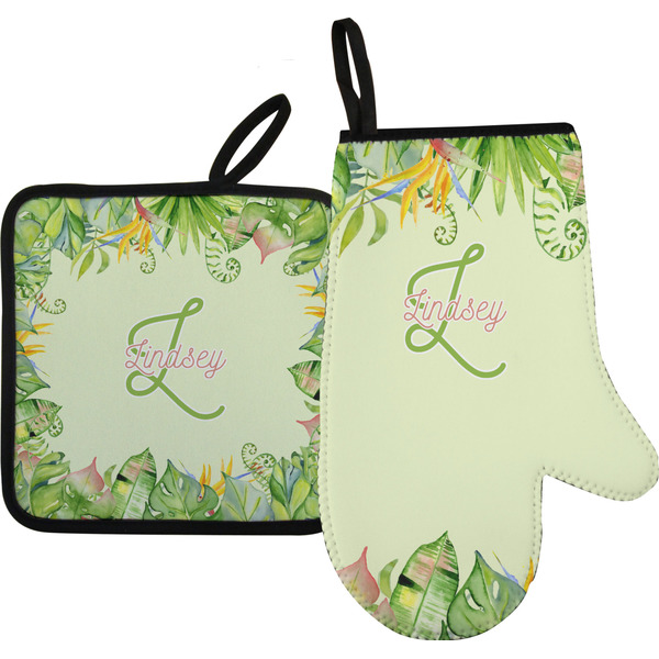 Custom Tropical Leaves Border Right Oven Mitt & Pot Holder Set w/ Name and Initial