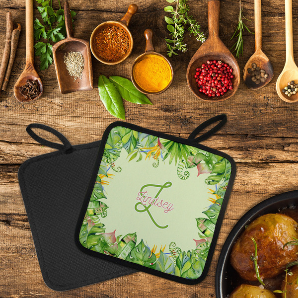 Tropical Leaves Border Neoprene Pot Holder - Set of 2  LIFESTYLE (Flatlay)