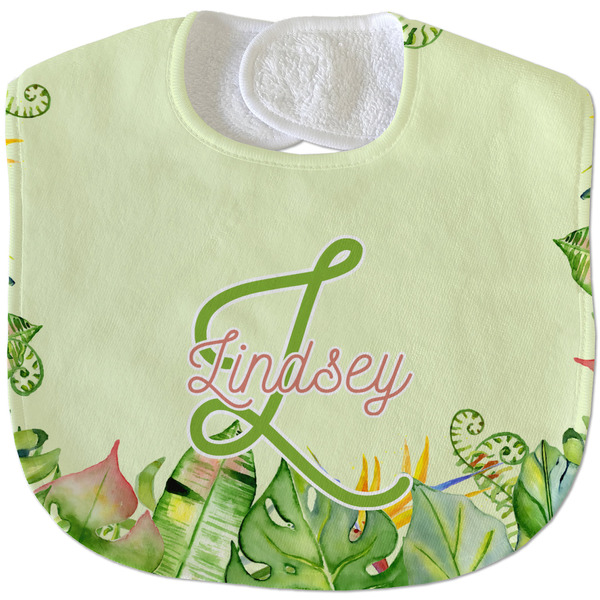 Tropical Leaves Border New Baby Bib - Closed and Folded