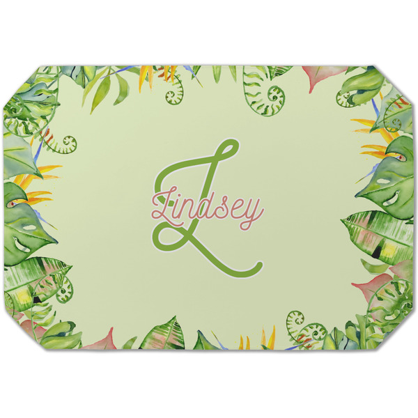 Custom Tropical Leaves Border Dining Table Mat - Octagon (Single-Sided) w/ Name and Initial