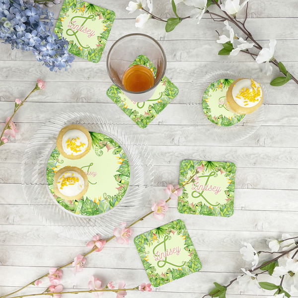 Tropical Leaves Border Paper Coasters - In Context