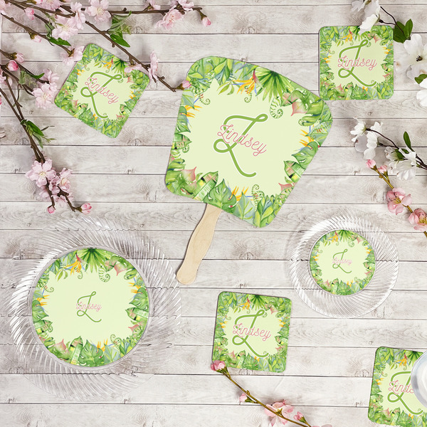 Tropical Leaves Border Party Supplies Combination Image - All items - Plates, Coasters, Fans