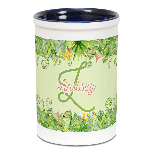 Tropical Leaves Border Pencil Holder - Blue