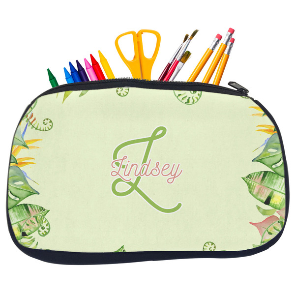 Custom Tropical Leaves Border Neoprene Pencil Case - Medium w/ Name and Initial