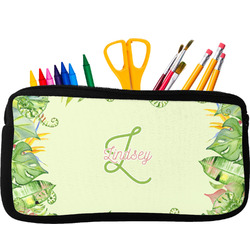 Tropical Leaves Border Neoprene Pencil Case - Small w/ Name and Initial
