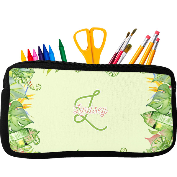 Custom Tropical Leaves Border Neoprene Pencil Case - Small w/ Name and Initial