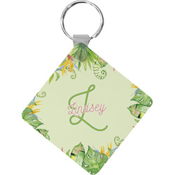 Tropical Leaves Border Diamond Plastic Keychain w/ Name and Initial