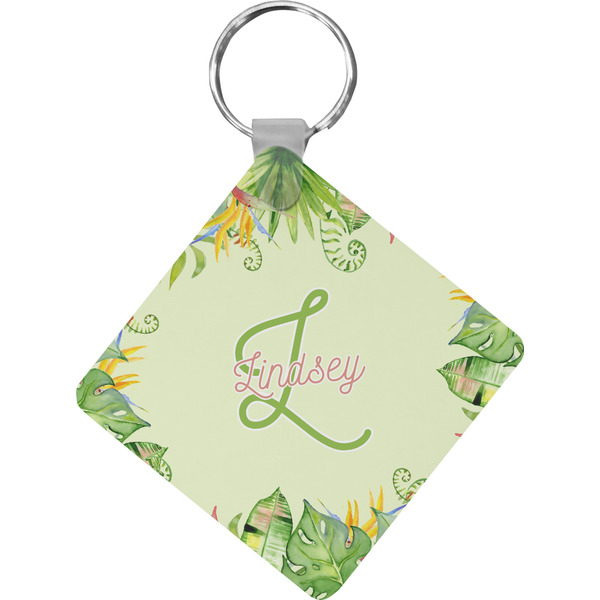 Custom Tropical Leaves Border Diamond Plastic Keychain w/ Name and Initial