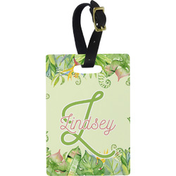 Tropical Leaves Border Plastic Luggage Tag - Rectangular w/ Name and Initial