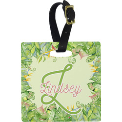 Tropical Leaves Border Plastic Luggage Tag - Square w/ Name and Initial
