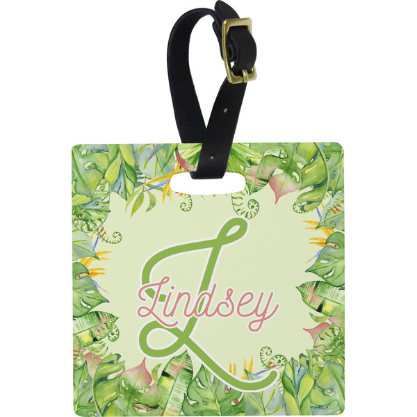 Custom Tropical Leaves Border Plastic Luggage Tag - Square w/ Name and Initial