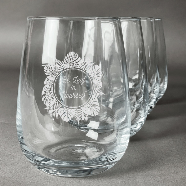 Custom Tropical Leaves Border Stemless Wine Glasses (Set of 4) (Personalized)