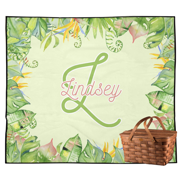 Custom Tropical Leaves Border Outdoor Picnic Blanket (Personalized)