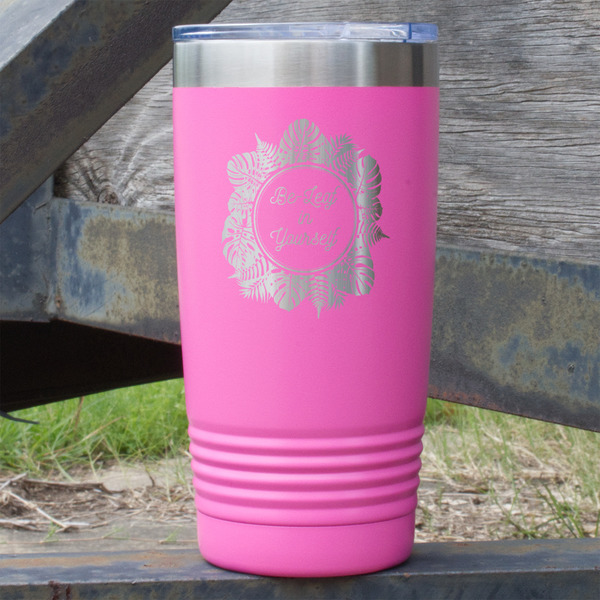 Custom Tropical Leaves Border 20 oz Stainless Steel Tumbler - Pink - Single Sided (Personalized)