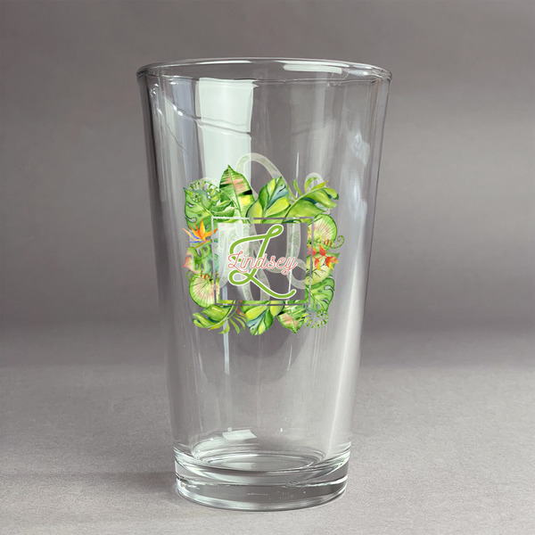 Custom Tropical Leaves Border Pint Glass - Full Color Logo (Personalized)