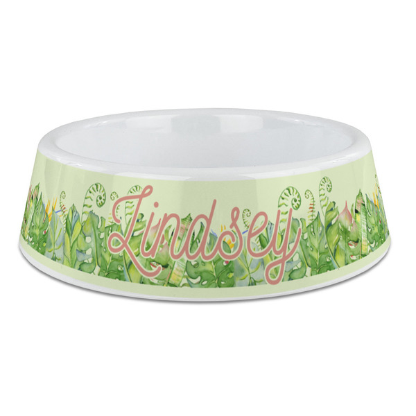 Custom Tropical Leaves Border Plastic Dog Bowl - Large (Personalized)