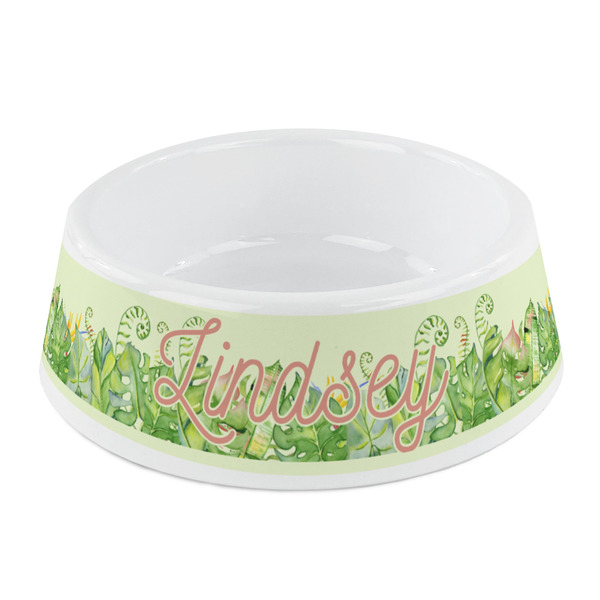 Custom Tropical Leaves Border Plastic Dog Bowl - Small (Personalized)