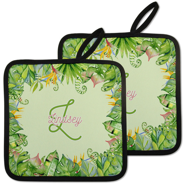 Custom Tropical Leaves Border Pot Holders - Set of 2 w/ Name and Initial