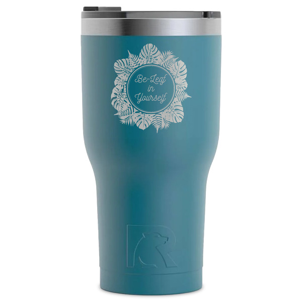 Custom Tropical Leaves Border RTIC Tumbler - Dark Teal - Laser Engraved - Single-Sided (Personalized)
