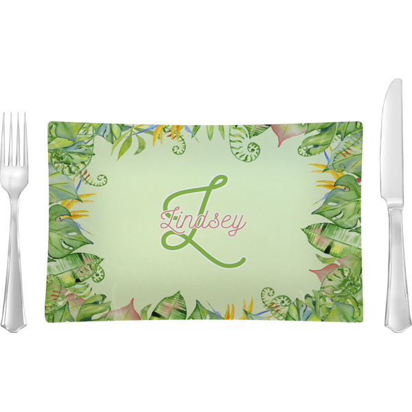 Custom Tropical Leaves Border Rectangular Glass Lunch / Dinner Plate - Single or Set (Personalized)