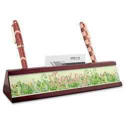 Tropical Leaves Border Red Mahogany Nameplate with Business Card Holder (Personalized)