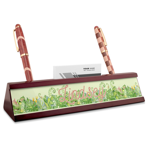 Custom Tropical Leaves Border Red Mahogany Nameplate with Business Card Holder (Personalized)