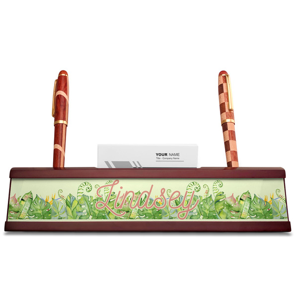 Tropical Leaves Border Red Mahogany Nameplates with Business Card Holder - Straight