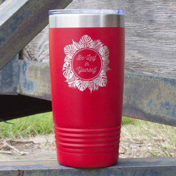 Custom Tropical Leaves Border 20 oz Stainless Steel Tumbler - Red - Single Sided (Personalized)