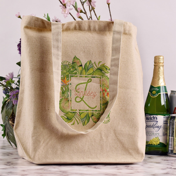 Tropical Leaves Border Reusable Cotton Grocery Bag - In Context