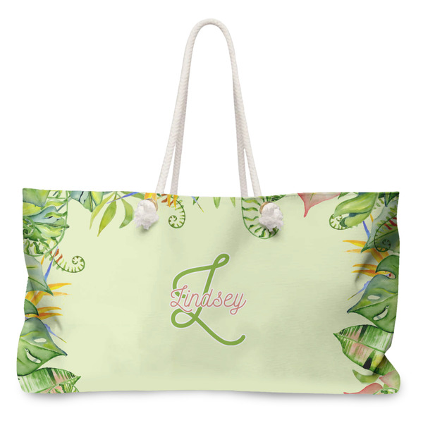 Custom Tropical Leaves Border Large Tote Bag with Rope Handles (Personalized)
