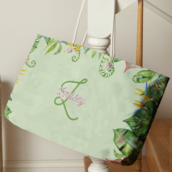 Tropical Leaves Border Large Rope Tote - Life Style