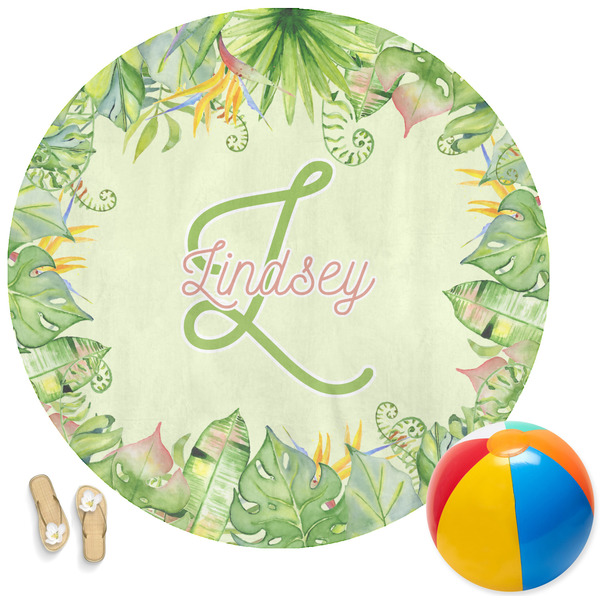 Custom Tropical Leaves Border Round Beach Towel (Personalized)