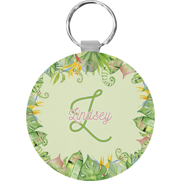 Custom Tropical Leaves Border Round Plastic Keychain (Personalized)