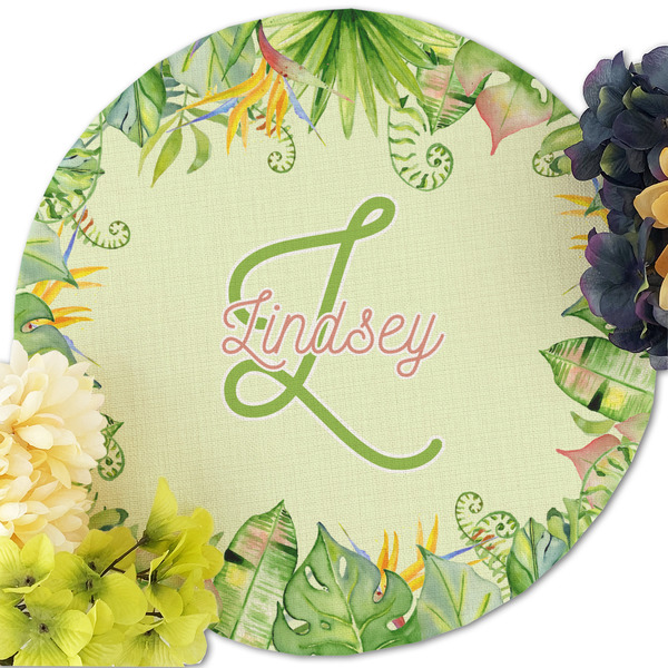 Tropical Leaves Border Round Linen Placemats - Front (w flowers)