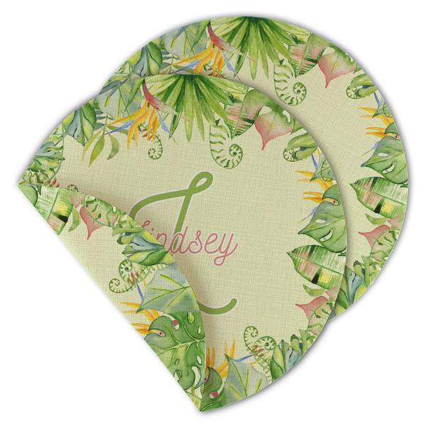 Custom Tropical Leaves Border Round Linen Placemat - Double Sided (Personalized)