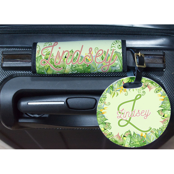 Tropical Leaves Border Round Luggage Tag & Handle Wrap - In Context