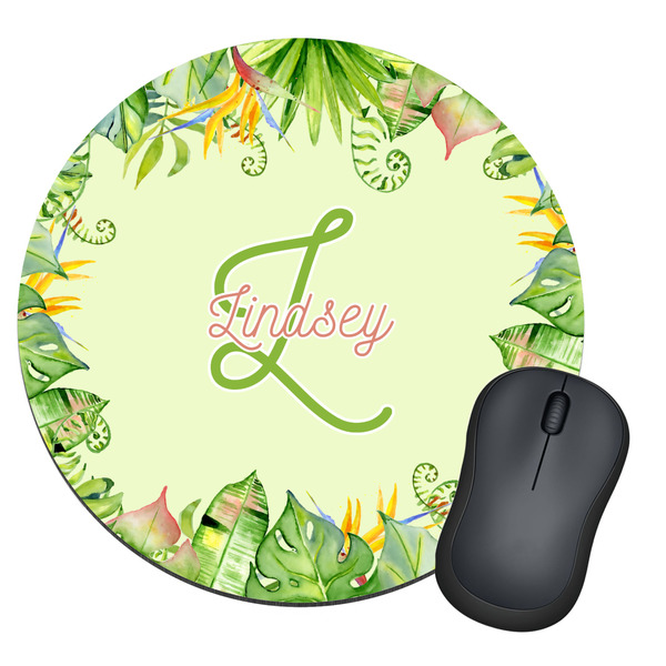 Custom Tropical Leaves Border Round Mouse Pad (Personalized)
